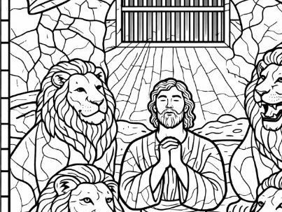 Old Testament Daniel and the Lions' Den Stained-Glass Window Style Colouring Page