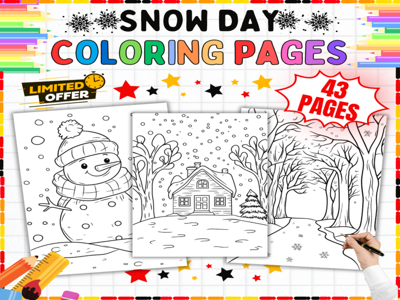 Snow Day Coloring Pages | Winter Scenes Printables for Kids | Snowy Weather Art Worksheet