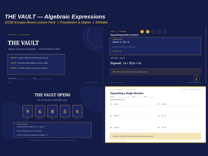 THE VAULT: Algebraic Expressions & Expanding — GCSE Escape-Room Lesson (Foundation & Higher)