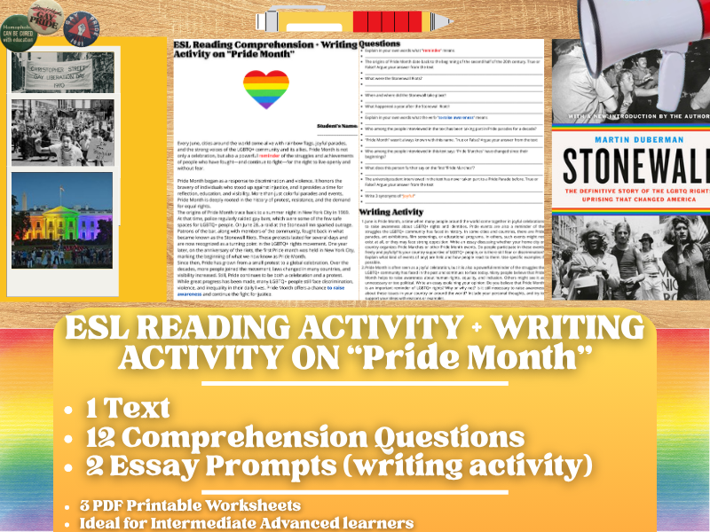ESL Reading Comprehension + Writing Activity Worksheets on "Pride Month"