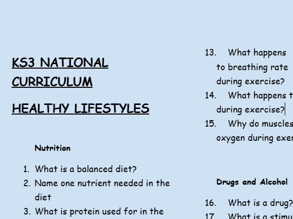 KS3 Science Retrieval Practice – Health and Lifestyle (30 Questions + Answers)