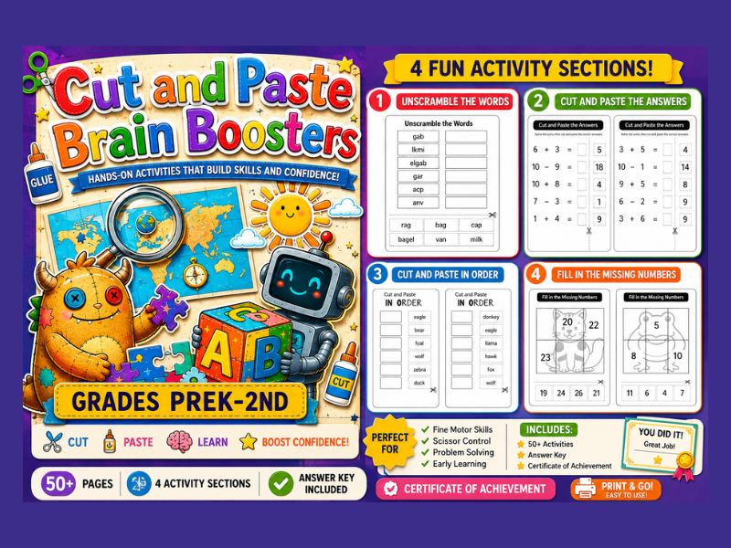 Cut and Paste Brain Boosters | PreK-2nd Grade Fine Motor Skills Activities, Scissor Practice,