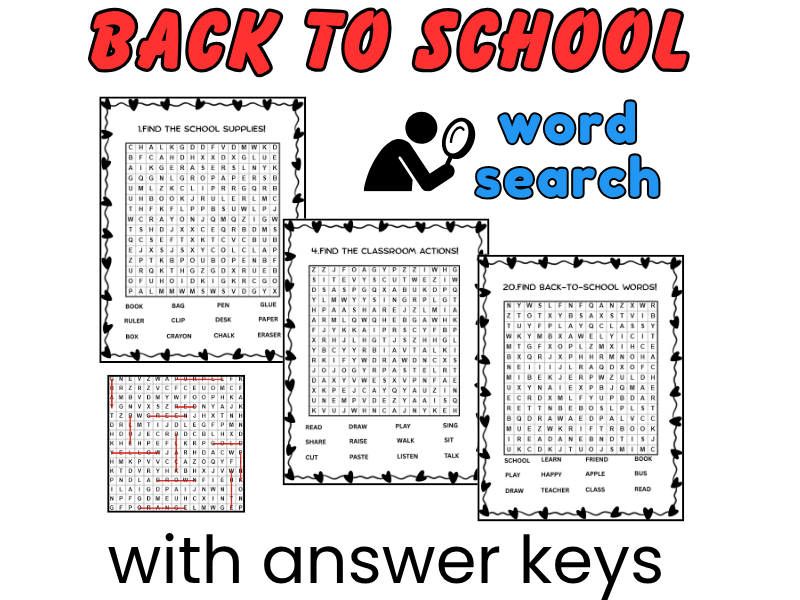 Back to School Word Search :First Day Activities for 1st & 2nd Grade (20 Puzzle)