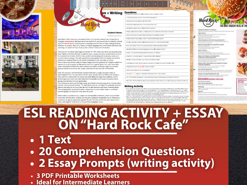 ESL Reading Comprehension + Writing Activity Worksheets on Hard Rock Cafe