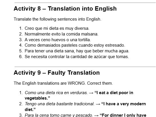 KS4 SP Y10 La dieta y la salud worksheet