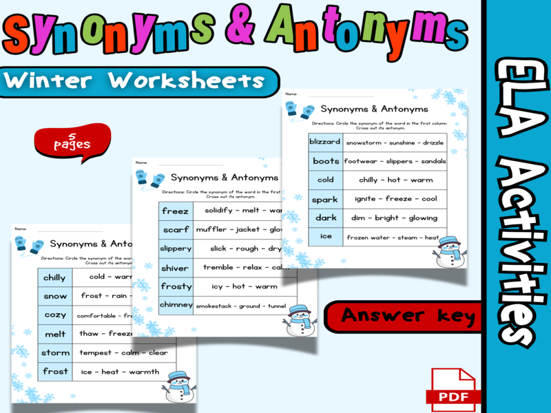 Winter Synonyms & Antonyms Worksheets Vocabulary Practice ELA Activities 1st 3rd