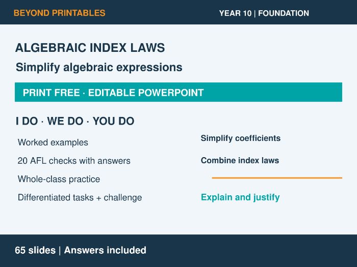 Algebraic Index Laws | I Do, We Do, You Do | Year 10 Maths Foundation | Print Free