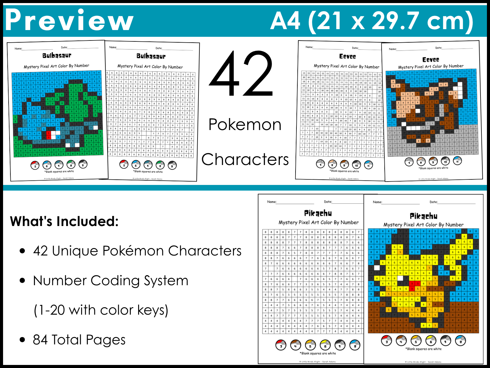 Pokémon Mystery Pixel Art | 42 Characters Color by Number | Teaching ...