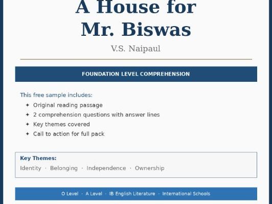 FREE — A House for Mr. Biswas | Foundation Comprehension Sample | O Level English