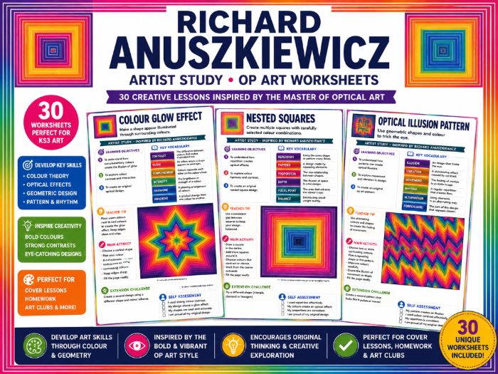Richard Anuszkiewicz Artist Study | 30 Op Art Worksheets | Colour Theory, Optical Illusions & Geomet
