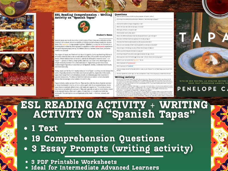 ESL Reading Comprehension + Writing Activity Worksheets on "Spanish Tapas"