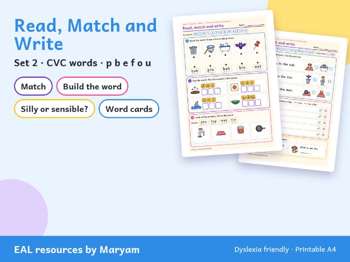 . Read, Match and Write Set 2 (CVC words with p b e f o u): Phonics Worksheets for Year 1 and EAL