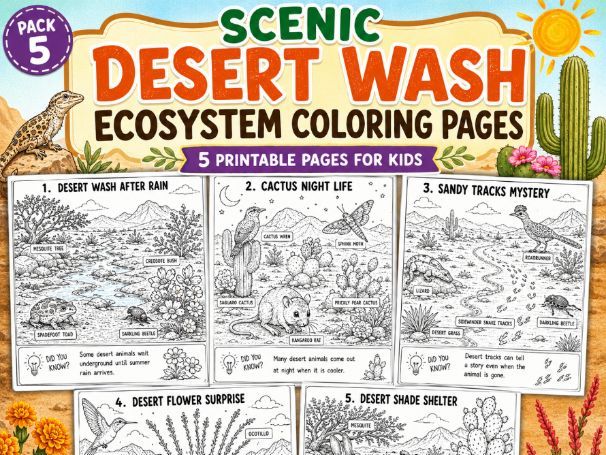 Scenic Desert Wash Ecosystem Coloring Pages for Kids |Summer Desert Habitat pack (K-Grade 3)