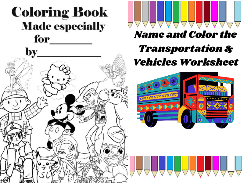 Name and Color the Transportation & Vehicles Worksheet