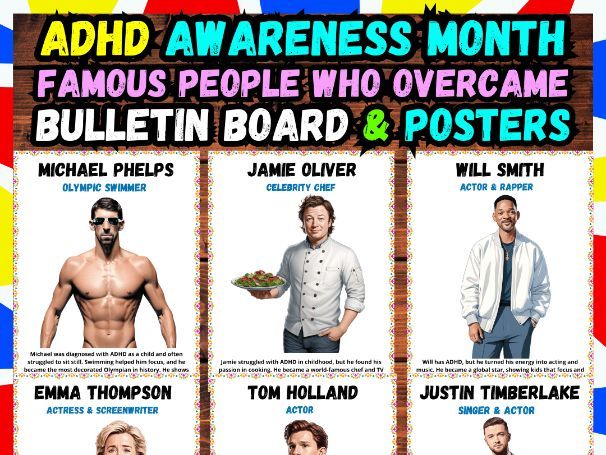 ADHD Awareness Month Posters Famous People & Classroom Bulletin Board