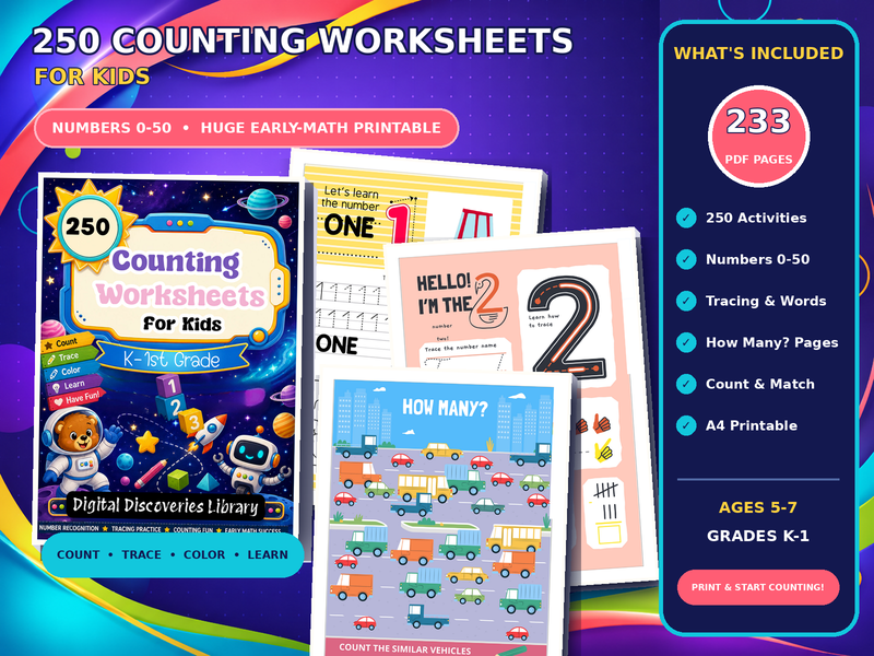 250 Counting Worksheets Mega Pack for Kindergarten and 1st Grade | Number Tracing, Recognition