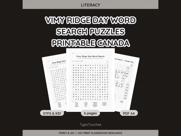 Vimy Ridge Day Word Search Puzzles | 6 pp