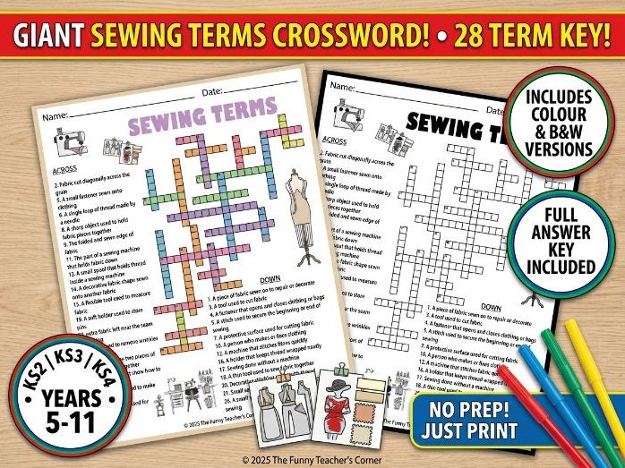 Sewing Terms Crossword Puzzle | Textiles & Design Technology Activity | KS2 KS3 KS4 Years 5-11