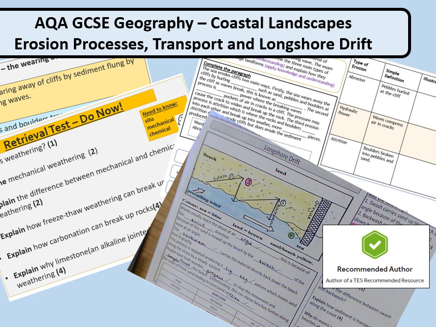 AQA GCSE Coastal Landscapes - Erosion and Longshore Drift Complete Lesson and Supporting Resources.