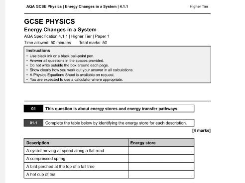 Energy changes revision worksheet