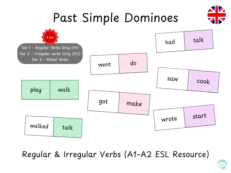 Past Simple Dominoes – Regular & Irregular Verbs (A1–A2 ESL Resource)