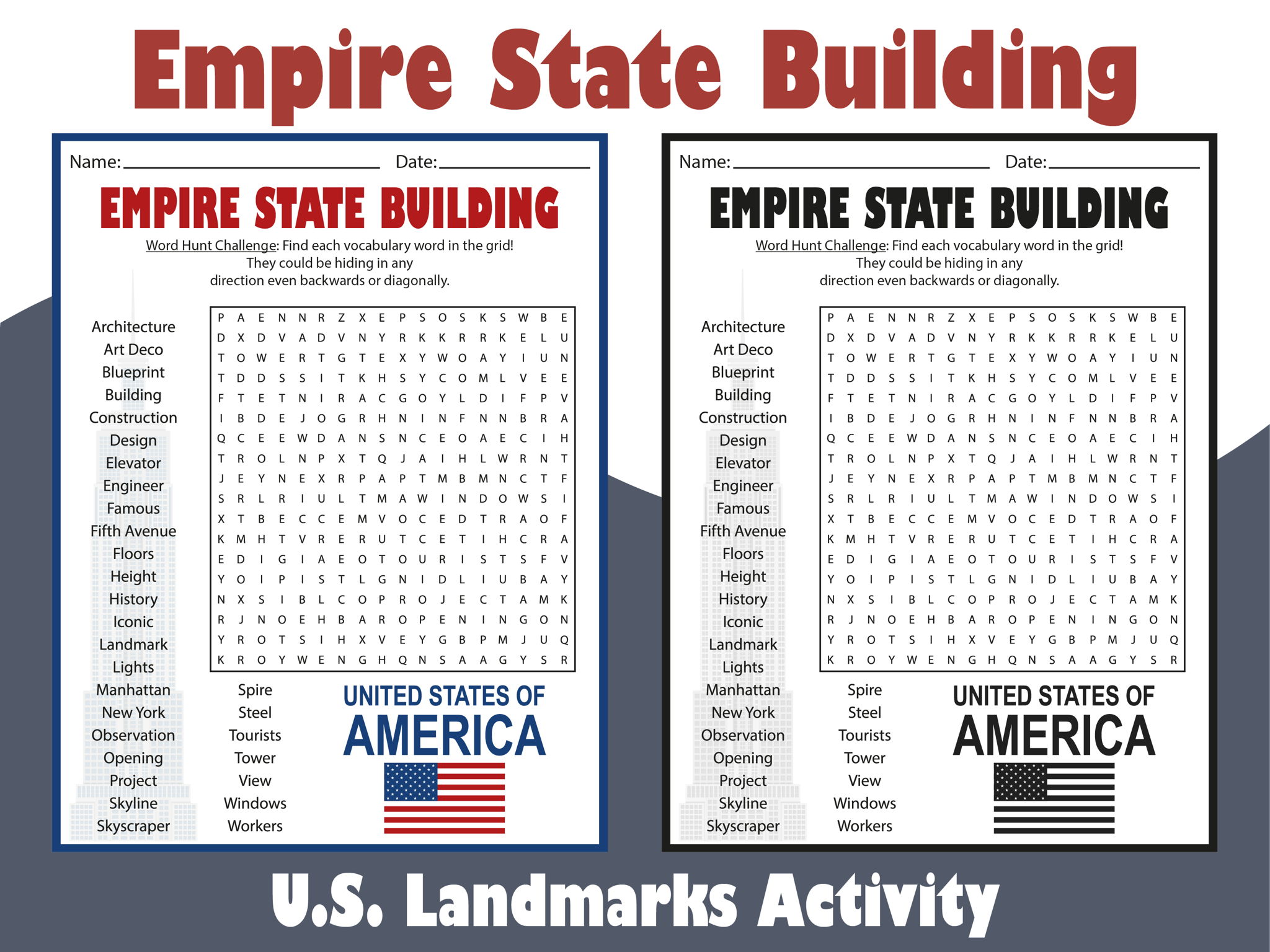 Empire State Building Word Search Puzzle | U.S. Landmarks Activity