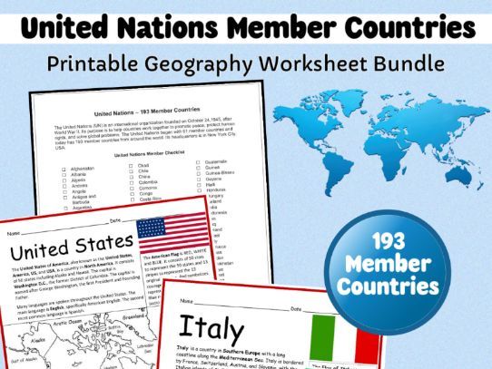 United Nations Member Countries Printable Geography Worksheets Bundle | 193 Countries