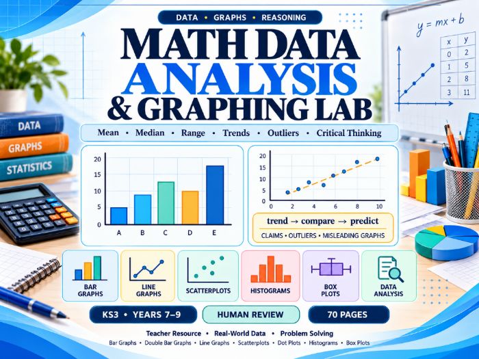 Maths Data Analysis & Graphing Lab  KS3 Years 7–9  70-Page Maths Worksheets with Answers