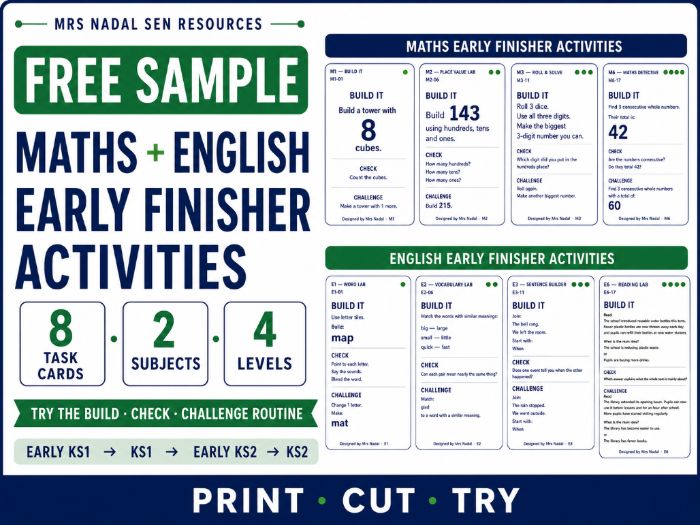 FREE Maths & English Early Finisher Activities | 8 SEN Task Cards