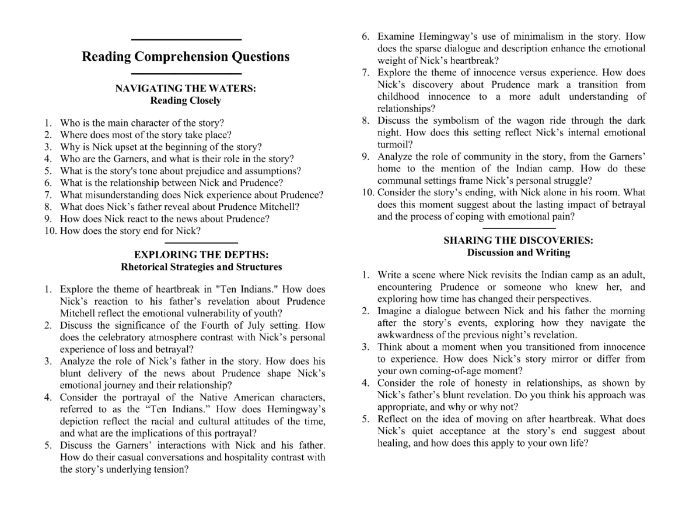 Ten Indians by Ernest Hemingway with Reading Comprehension Questions