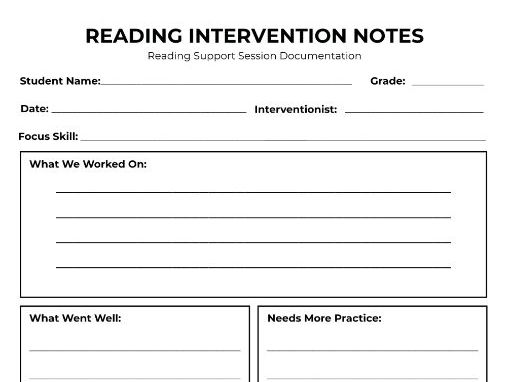 Reading Intervention Notes Template | Reading Support Documentation