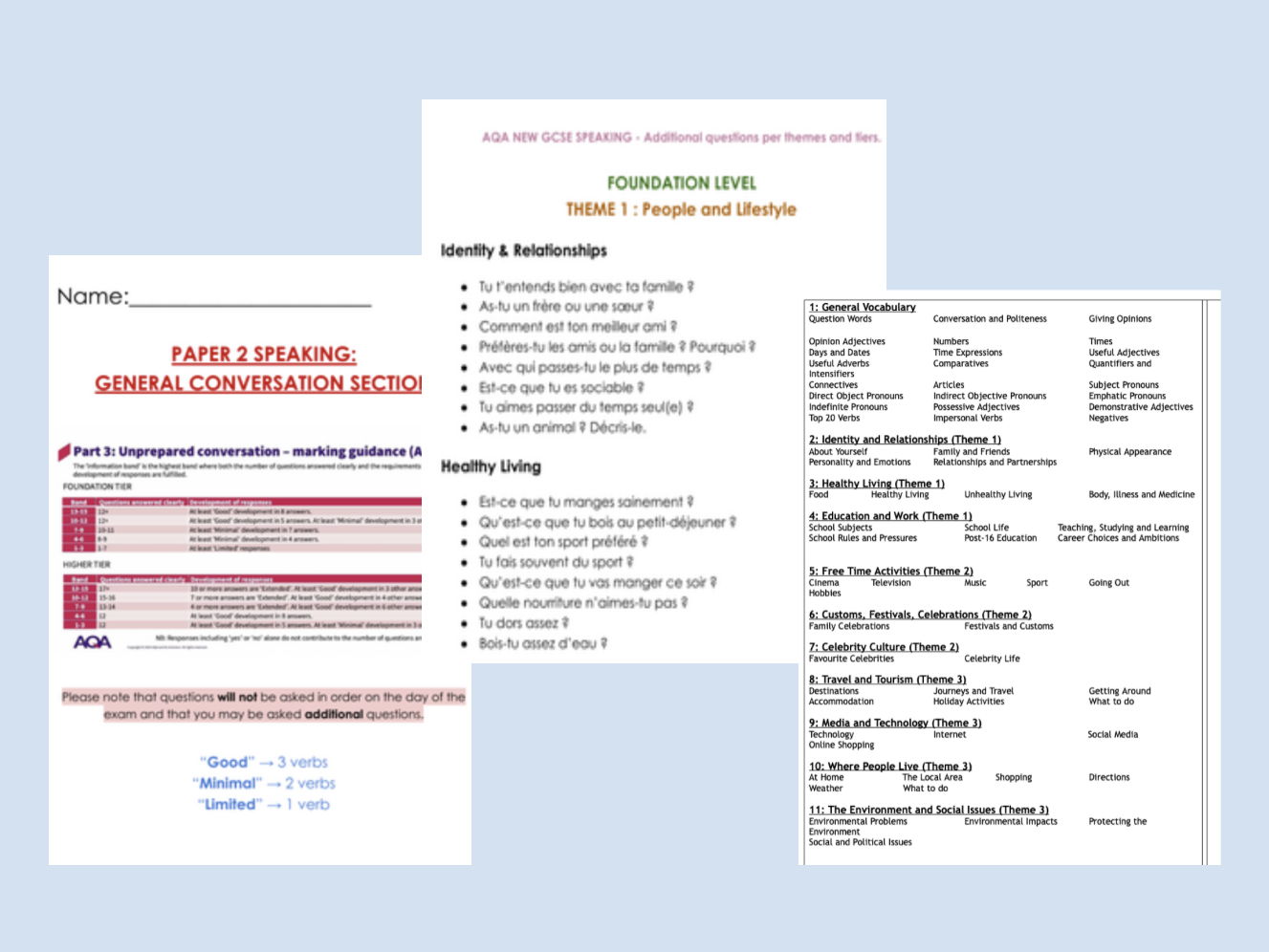 French GCSE 2026 Revision Bundle | AQA New Specification | Speaking + Vocabulary