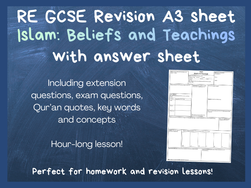 RE AQA GCSE Islam Beliefs and Teachings Revision A3 Worksheet | Printable with answers