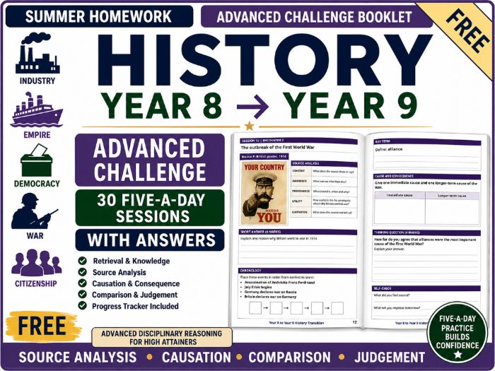 FREE Year 8 to Year 9 History Summer Homework Booklet | Advanced Challenge | With Answers
