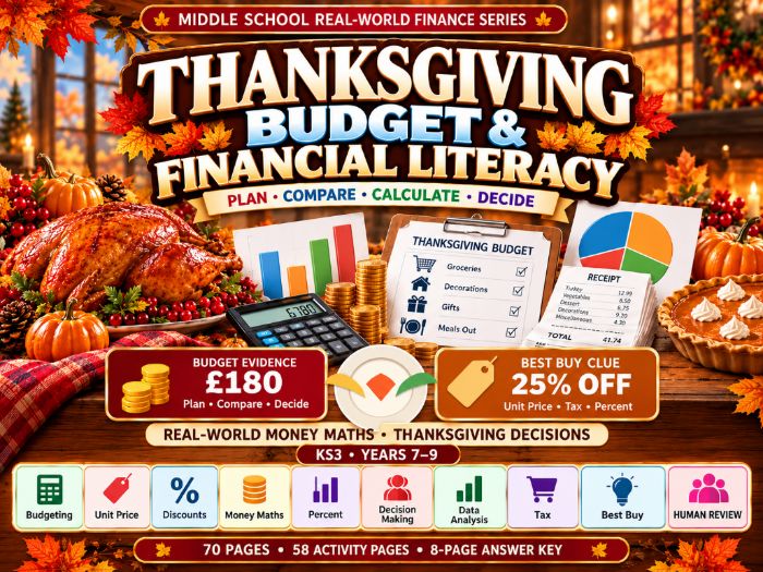Thanksgiving Budget Challenge  KS3 Financial Literacy & Money Maths  70 Pages