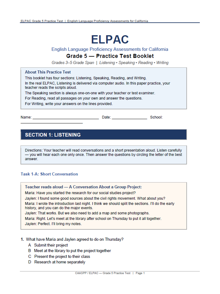 California CAASPP English Proficiency Practice Test for Grade 5 ...
