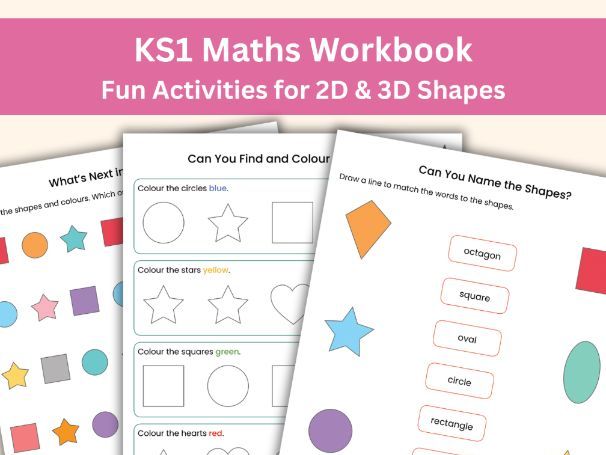 KS1 2D and 3D Shapes Workbook | Maths Worksheets | Geometry Printable | Shape Recognition (16 Pages)