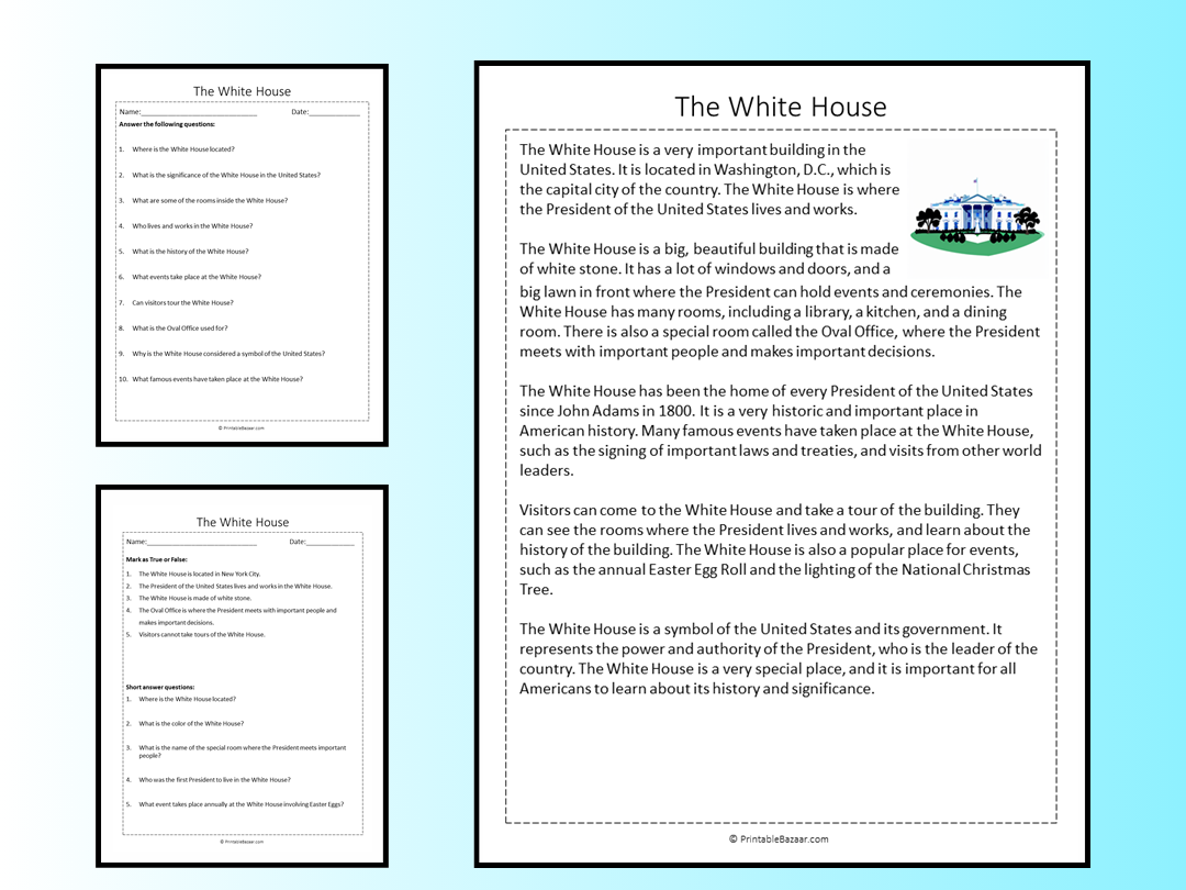 The White House Reading Comprehension Passage Printable Worksheet ...