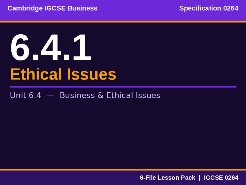 Cambridge IGCSE Business 0264 | 6.4.1 Ethical Issues | Lesson Pack