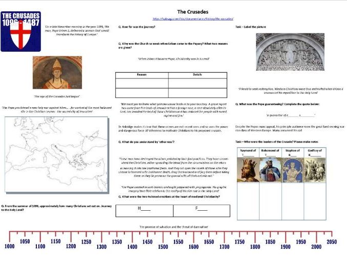 The Crusades -Ep1- Holy War - Worksheet to support the BBC TV Documentary with Thomas Asbridge