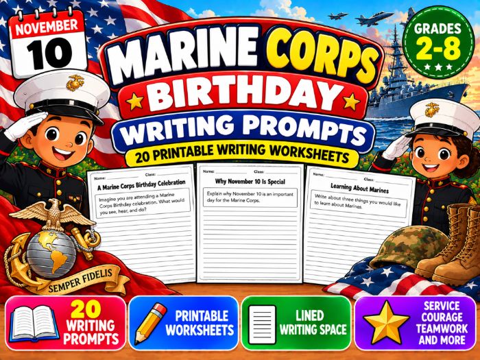 Marine Corps Birthday Writing Prompts | 20 Printable Worksheets