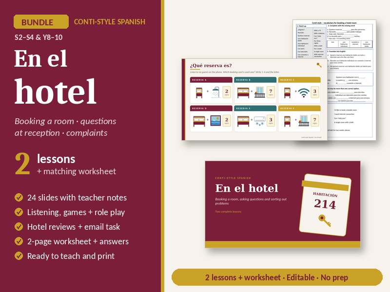 Spanish Hotel Booking Bundle: 2 Lessons + Worksheet | Conti-style