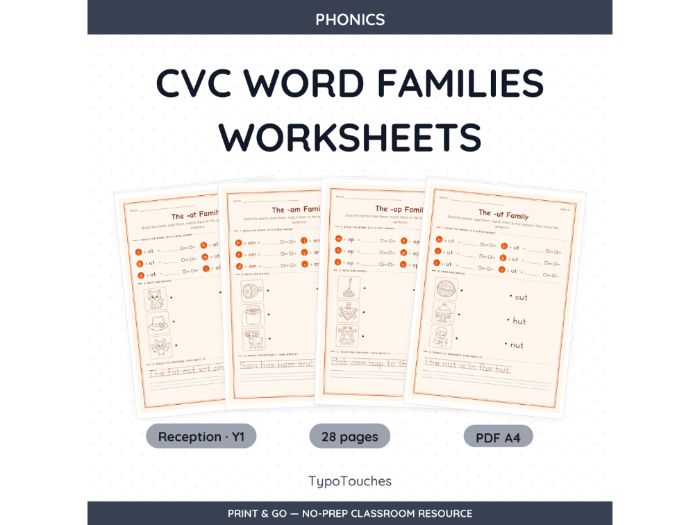 CVC Word Families Worksheets | 28 Sheets