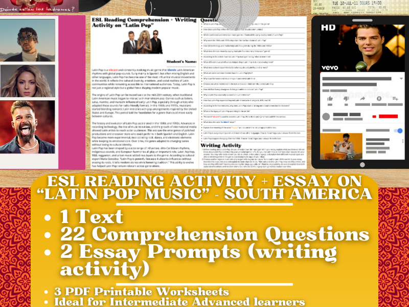 ESL Reading Comprehension + Writing Activity - Latin Pop Music - South America