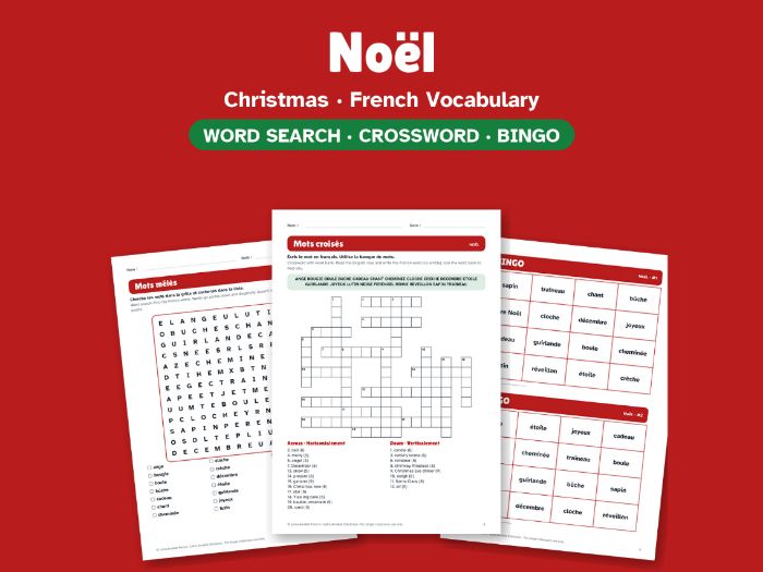 Christmas in French: Word Search, Crossword & Bingo