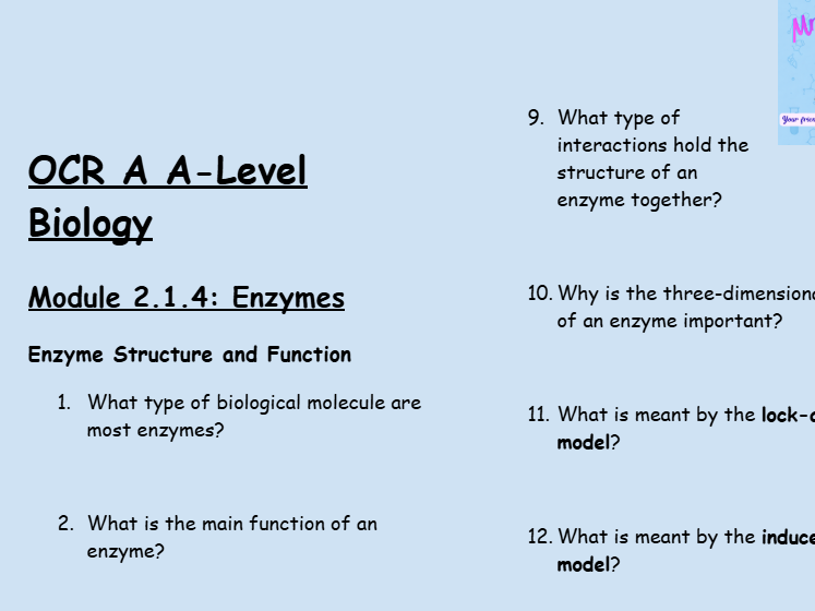 OCR A A-Level Biology: Module 2.1.4 Enzymes | 50 Questions & Answers