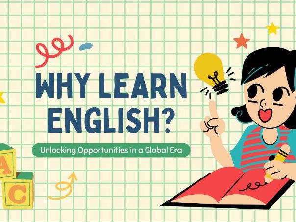 Why Learn English Presentation | Yellow & Blue Illustrative Slides for Teachers, Students & Language
