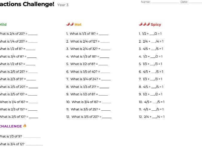 Year 3 Maths Challenge Pack - 4 Operations and Fractions - 20 Worksheets