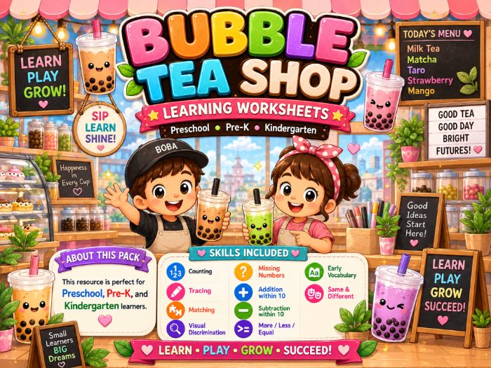 Bubble Tea Shop Worksheets for Preschool & Kindergarten | Math, Tracing, Matching Activities