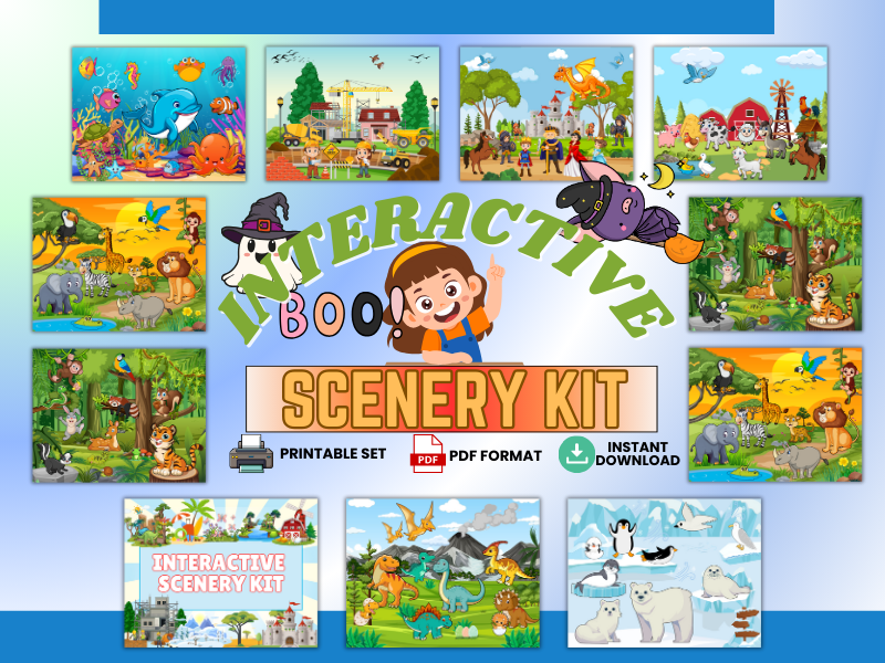Interactive Scenery Kit-This DFY kit lets kids ages 4–8 cut and paste characters onto 12 themed back
